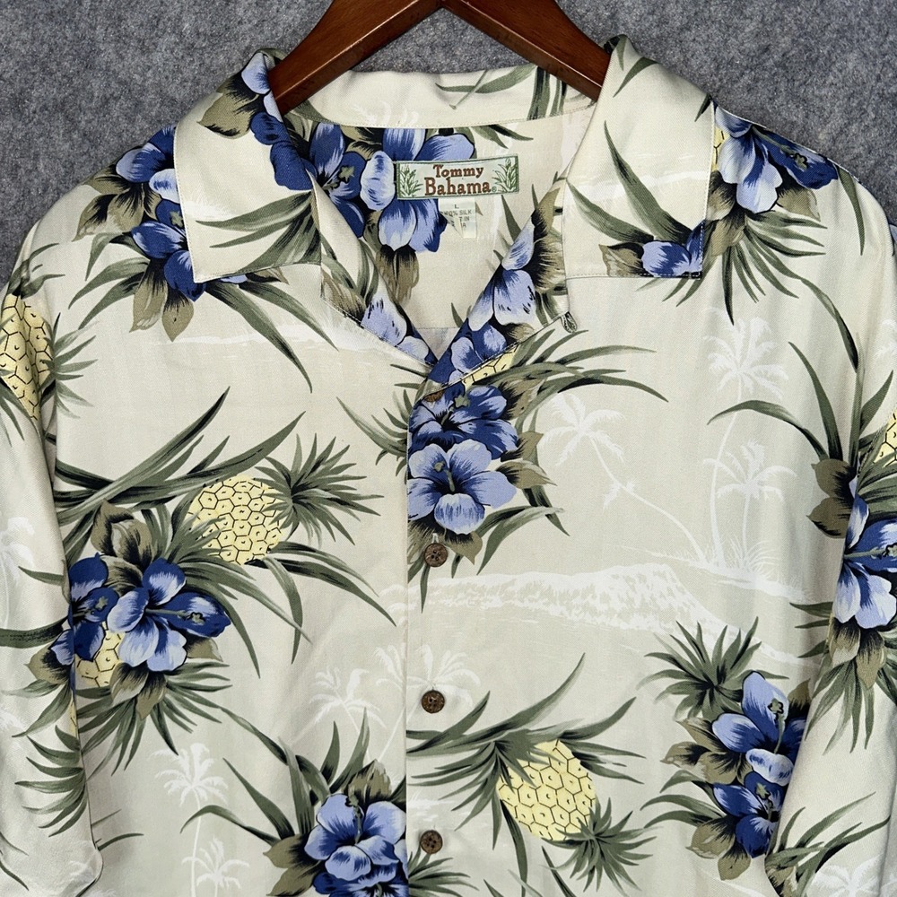Tommy Bahama Shirt Mens L Loop Collar Floral Silk Hawaiian Resort Beach Cruise